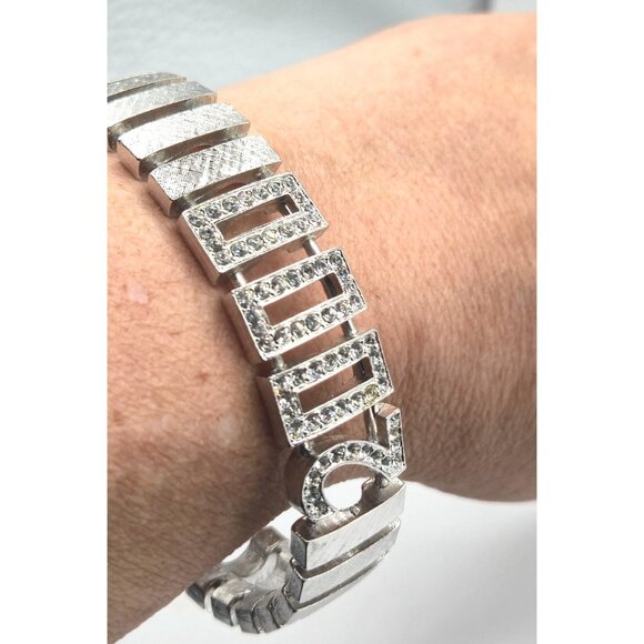 Joan Rivers Signed 2000 Y2K Cuff Bracelet Rhinestone Silver Tone Bling Bangle - Picture 4 of 7